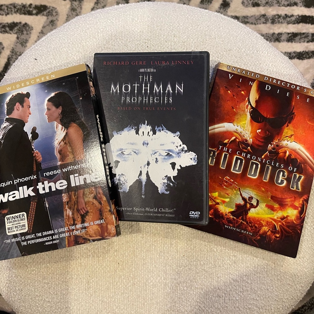 DVD 3 pack. Walk the Line, The Moth Man Prophecies, The Chronicles of Riddick.